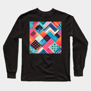 Retro Sky Blue Pink Orange Black Geometric Pattern Long Sleeve T-Shirt